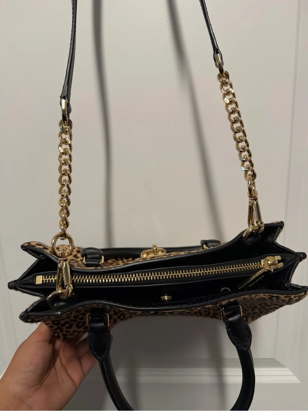 Michael Kors Hamilton Leopard Calf Hair Satchel Crossbody Bag Gold Hardware